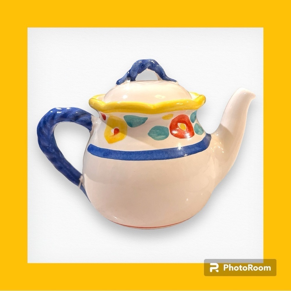 Ceramic Teapot Blue Handle Multicolor